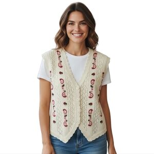 Vintage Cream Knit Vest with Pink Floral Embroidery